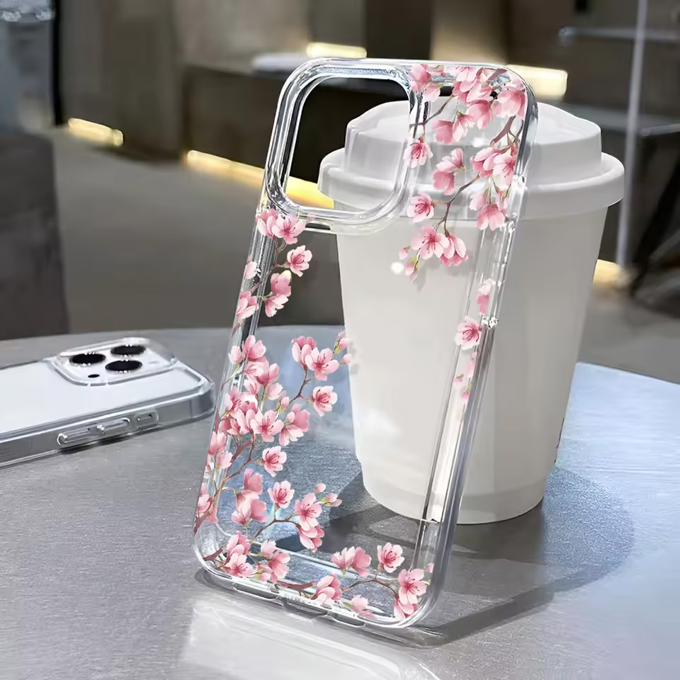 Clear Shockproof Bumper Case - غطاء هاتف شفاف بتصميم زهور للفتيات،