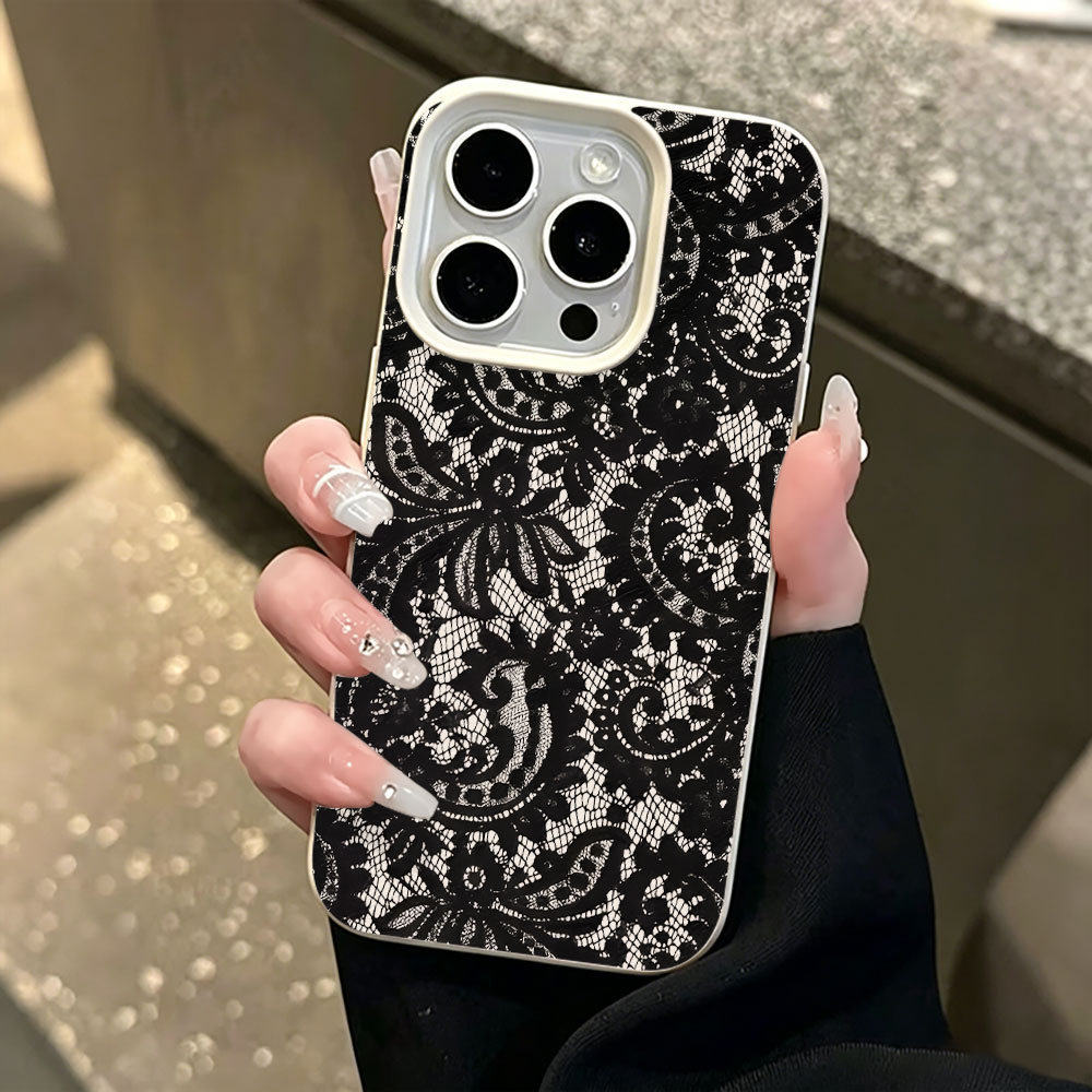 Vintage Floral Pattern Soft Case - غطاء هاتف أسود بنمط زهور عتيق